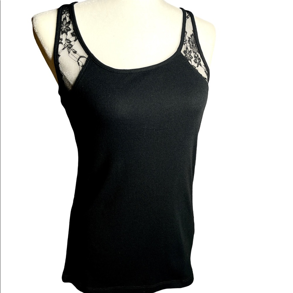 Versona/Spence Knits Black Racer Back Tank Top with Lace Shoulders and Back
